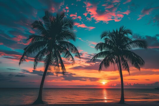   A few palm trees atop a blue-and-pink-hued beach, with the sun sinking in the distance