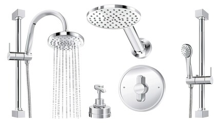 Modern chrome shower cabins isolated on white background: elegant design and high quality bathroom fittings