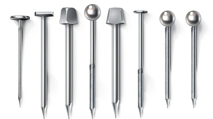 Assorted metal screws and nails on white background for construction and carpentry work, necessary hardware tools
