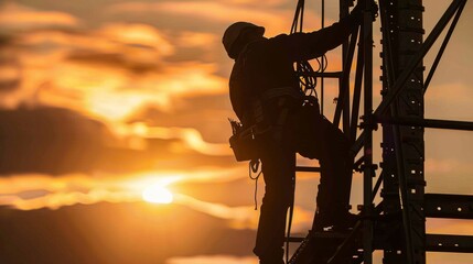 A silhouette image capturing an electrician climbing up a ladder with the sun setting behind them their safety harness and gear visible underscoring the importance of safety even during .