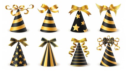 Elegant collection of black and gold hats with different patterns for festive celebrations - obrazy, fototapety, plakaty