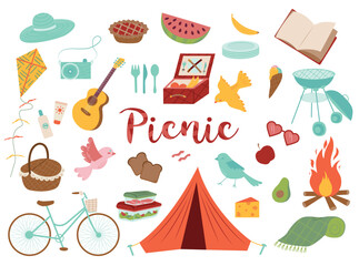 Summer Picnic Set Illustrations. Delicious Snacks. Fresh Vegetables And Fruits. Equipment and Packages With Grocery for picnic. Food And Drinks Vector Illustration.