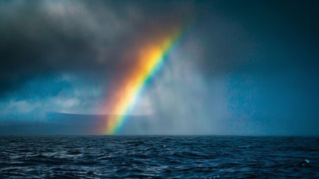 The contrast of a brilliant rainbow against a dark and brooding abyss