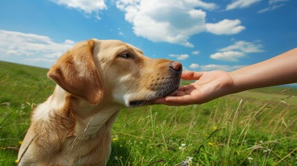   A person closely pets a dog's face amidst a lush field of grass Behind them, a clear blue sky unfolds