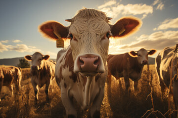 A lush field of grass with a herd of cows on a picturesque nature background