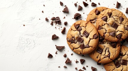   A stack of chocolate chip cookies atop a pristine white table Nearby, a mound of shattered chocolate chips - obrazy, fototapety, plakaty