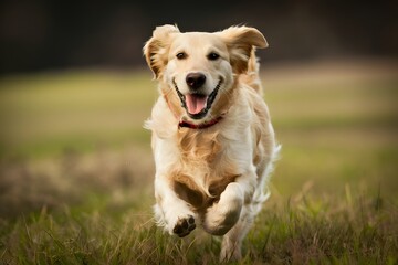 Happy golden retriever runs in field, tongue out, bright eyes, blurred background depicts joy