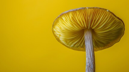   Close-up of a yellow mushroom on a stick against a yellow backdrop, with a droplet of water escaping from its peak - obrazy, fototapety, plakaty