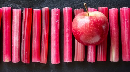   A red apple atop celery piles..## Optimized version:.A red apple sits atop two celery piles