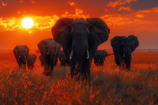 A herd of elephants is walking across the savannah at sunset, with their big ears and long tusks standing out against the vibrant red sky. Created with Ai