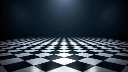   A black-and-white checkerboard floor, featuring a central spotlight, and an endpoint illuminated by a single, focused light - obrazy, fototapety, plakaty