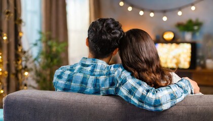 lovely couple hugging on couch in home living room watching a movie on movie date night