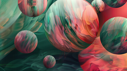 abstract watercolor green, pink background,  a focus on spherical forms that have a painted, textured look, floating or resting in a space with flowing colors that transition from greens to reds