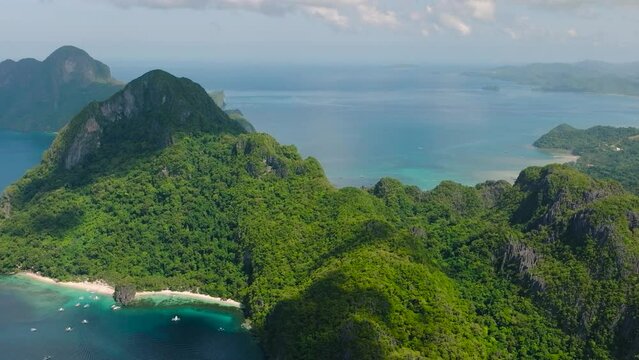 Aerial view of Seven Commandos Beach and Papaya Beach in El Nido, Palawan. Philippines.