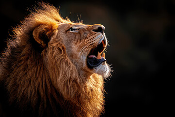 Fototapeta premium Lion roaring in the style of side view in the style of backlight, high resolution photography. Created with Ai