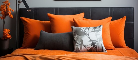 A bed featuring vibrant orange pillows and sleek black headboard - obrazy, fototapety, plakaty