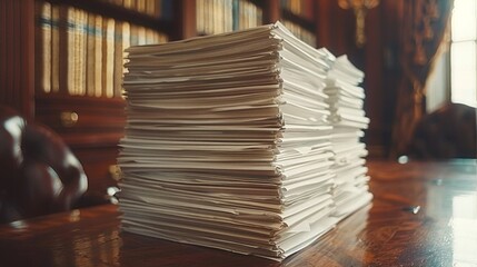 A towering stack of papers rests upon a warm wooden table, exuding an air of productivity and organization. - obrazy, fototapety, plakaty