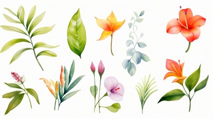 Artistic watercolor painting featuring vibrant spring flowers and green tropical leaves, set against a white backdrop, water color, drawing style, isolated clear background - obrazy, fototapety, plakaty