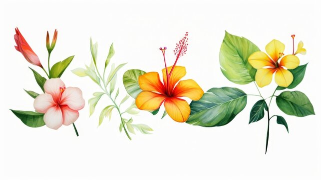 Artistic watercolor painting featuring vibrant spring flowers and green tropical leaves, set against a white backdrop, water color, drawing style, isolated clear background