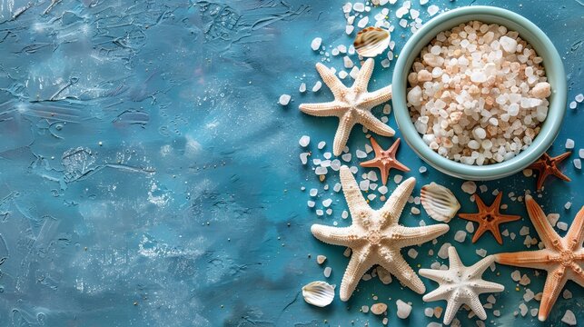   A bowl brimming with seashells lies beside another filled with sea salt Atop the blue surface, a starfish rests