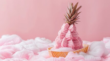   A pineapple atop a pink knitted hat, perched on a bowl filled with cotton balls against a pink backdrop