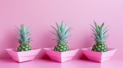   Three small pineapples in a pink papier-mâché boat on a pink fabric surface, against a pink wall backdrop
