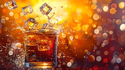 Whiskey glass with ice cubes splashing over, warm bokeh lights background. Perfect for lifestyle ads and bar menus. Enhanced with digital effects. AI