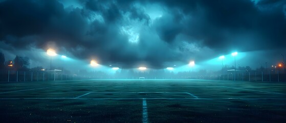 Soccer field lit up at night under cloudy skies ideal for training. Concept Night Soccer Training, Cloudy Skies, Soccer Field Lighting