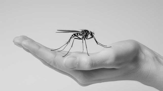   A black-and-white image of a mosquito on a hand, its wings fully extended