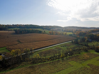 Aerial landscape of farmland in the Appalachian mountains in rural Herndon Central Pennsylvania