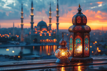 A photo of an elegant Ramadan lantern and candles on the table, with Islamic architecture in the background, during sunset. Created with Ai - obrazy, fototapety, plakaty