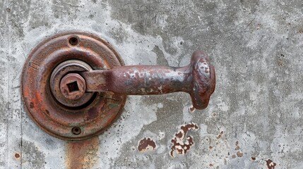   Rusty metal door handle on gray-white concrete wall Spigot is also rusted metal