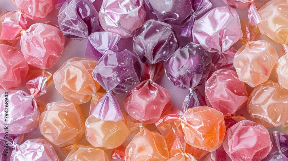 Canvas Prints   A stack of candies, hued pink, orange, and purple, individually wrapped in cellophane