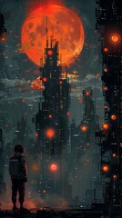 Silhouette of a Soldier Gazing at a Futuristic Dark City Skyline with Skyscrapers, Under a Large Red Moon, Generated using AI