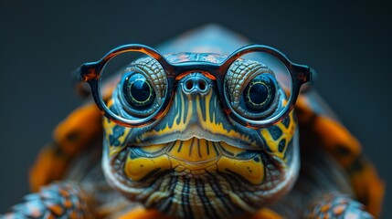 Close-up of a colorful turtle with a humorous touch, sporting round glasses - obrazy, fototapety, plakaty