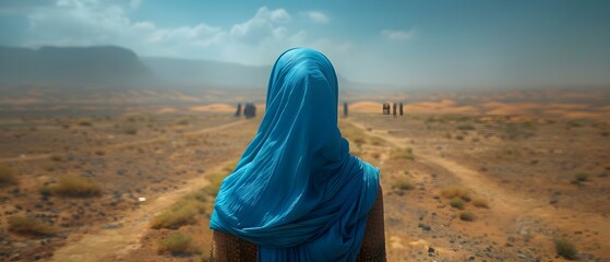 Portrait of a North African woman in a headscarf walking with others in the desert. Concept North African Culture, Traditional Attire, Desert Landscape, Communal Lifestyle, Empowering Women - obrazy, fototapety, plakaty