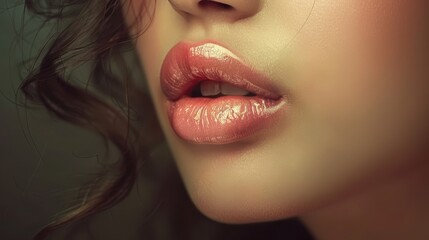   A close-up of a woman's lips with blowing hair