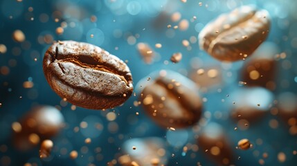   A close-up of a coffee bean suspended in the air, dripping with water, alongside drops hitting the ground below - obrazy, fototapety, plakaty