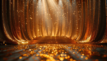  A golden curtain is adorned with glittering gold particles, creating an atmosphere of grandeur and splendor. Created with Ai