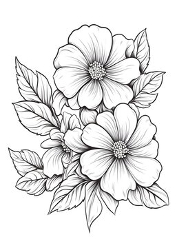 Flower Coloring Page, Line art Flower Coloring Page, Hand drawn Flower outline illustration coloring page, flower line art for coloring page, A drawing of a flower with leaves, AI Generative