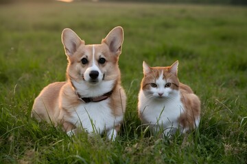 Corgi and cat peacefully coexist in grassy field during golden hour