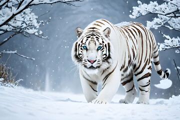 Fototapeta na wymiar Majestic view of a tiger, a fierce and beautiful white tiger walking on the snow in the mountains.