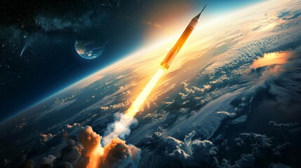 Rocket launch to space at sunset - obrazy, fototapety, plakaty