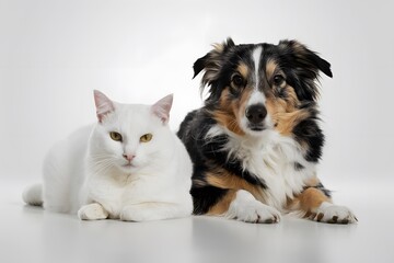 Fototapeta na wymiar A peaceful scene of a white cat and multicolored dog together in tranquility