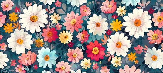 Flower Garden Patterns: A vibrant illustration featuring various floral motifs like daisies, chamomiles, and chrysanthemums, perfect for summer and spring-themed designs - obrazy, fototapety, plakaty