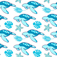 Fototapeta na wymiar seamless pattern with blue turtle, stars, sea animals, vector illustration. for design, fabric, print, wallpaper, background,