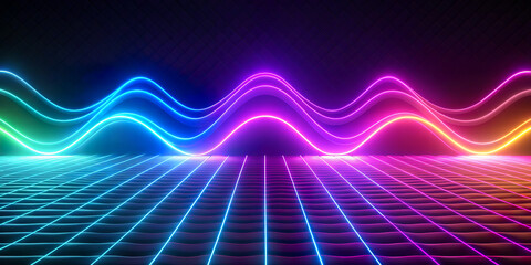 Vibrant neon lights create a dynamic wave pattern against a dark background with a grid on the floor that extends into the horizon. The undulating lines glow with a spectrum of colors.AI generated. - obrazy, fototapety, plakaty