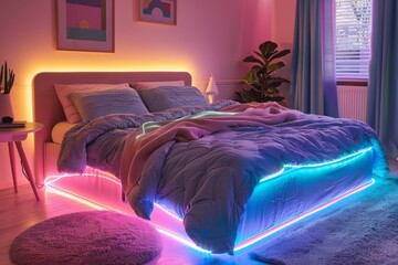 Orthopedic Mattress Store with Adjustable Comfort Lights: Smart Technology Solutions for Bedtime Sleep Management. - obrazy, fototapety, plakaty