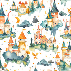 Fantasy Castle cartoon illustration in Seamless pattern style. - obrazy, fototapety, plakaty