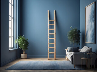 A blue ladder leaning vertically on a blue wall background of an empty, bright studio room design. - obrazy, fototapety, plakaty